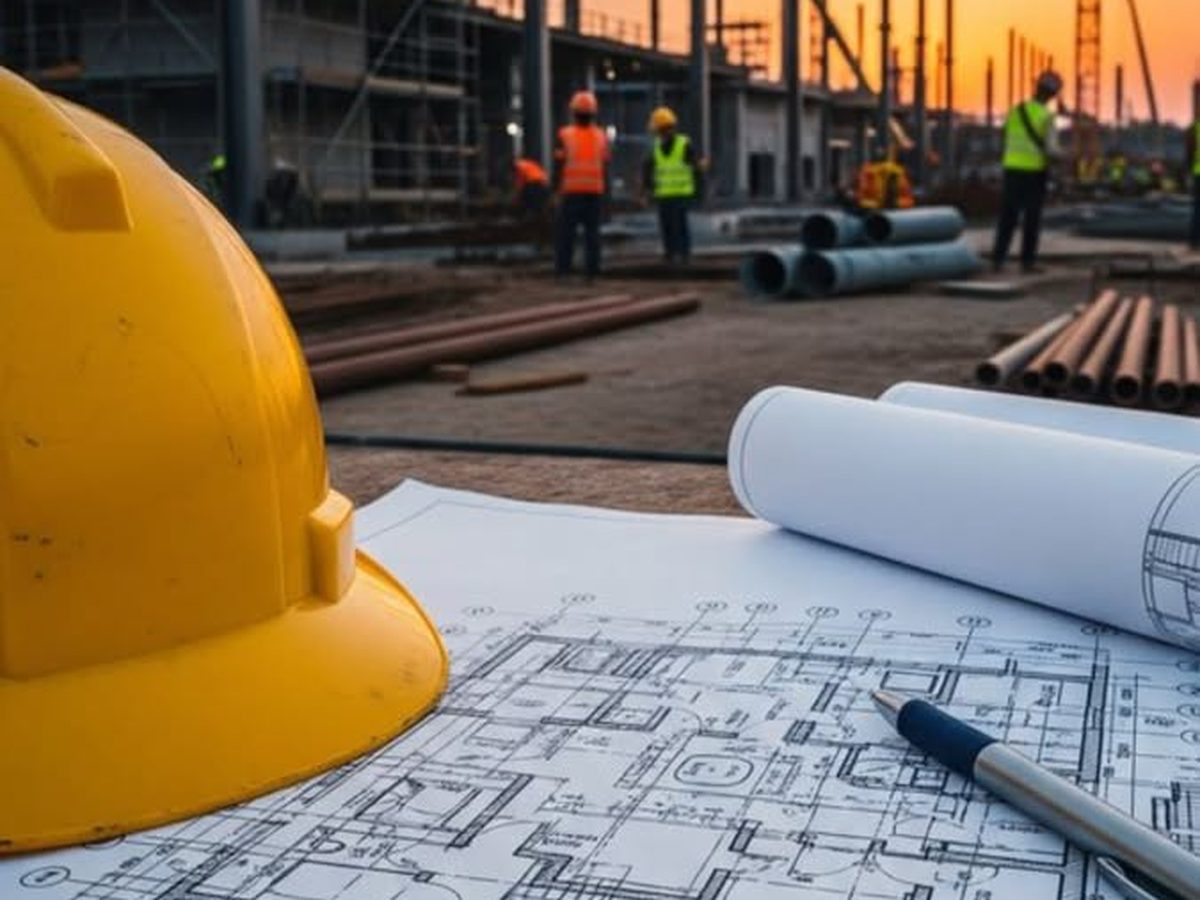 A hard hat and rolled architectural plans on a plot survey site