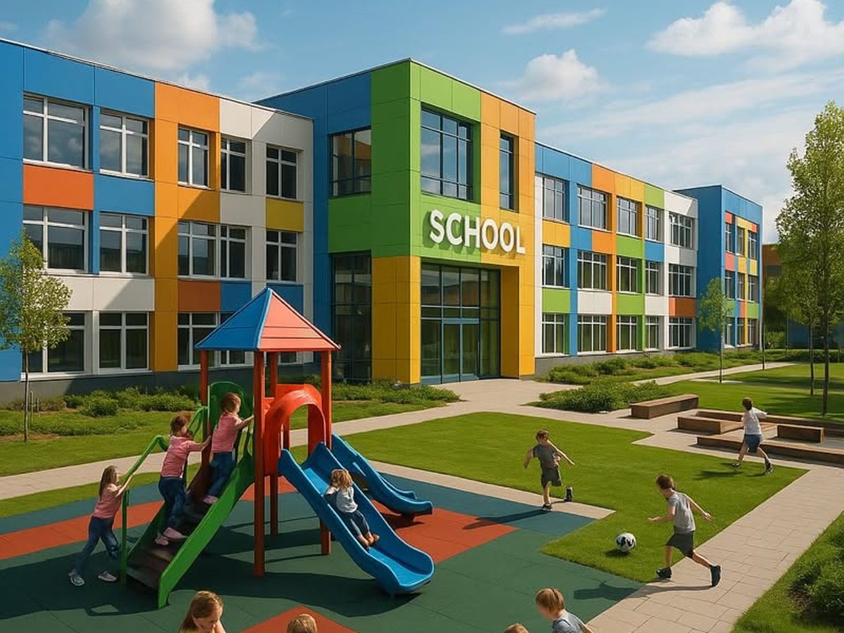 A colourful modern school building with a playground